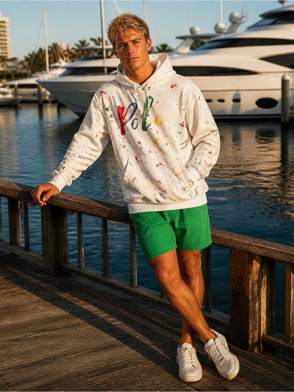 Polo by Ralph Lauren White Hoodie with Multicolor Paint-Splatter, XL/TG(18-20)